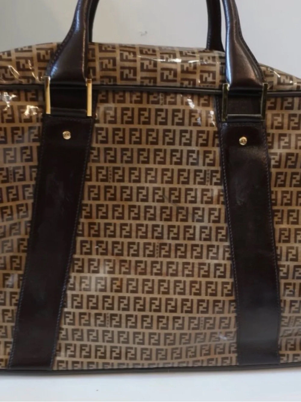 Vintage Authentic FENDI Zucchino Brown Vinyl Monogram Travel Duffel Boston Bag